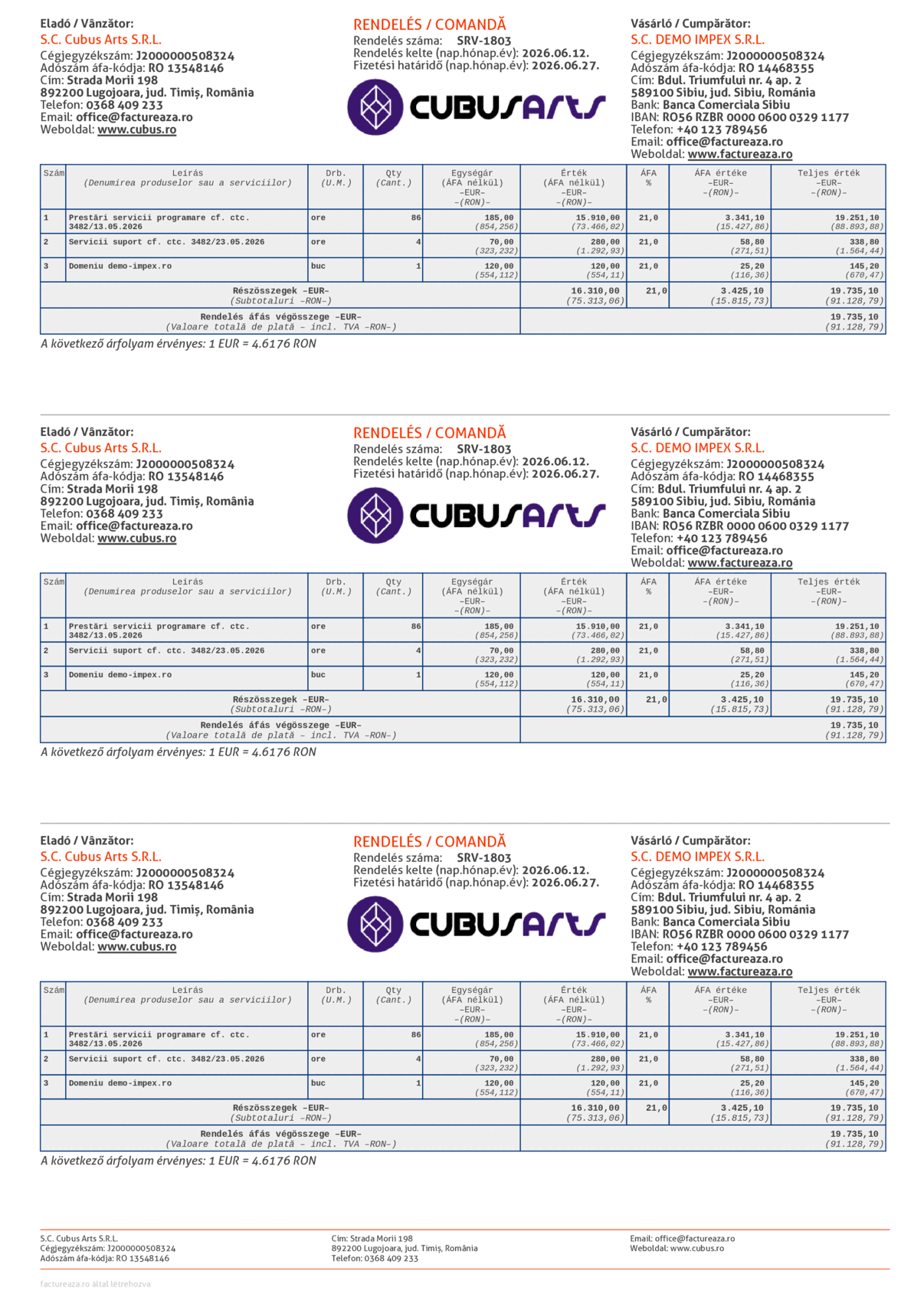 Comandă 3x per A4 (Euro + RON), maghiară